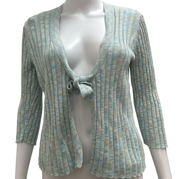 JH Collectibles Sz L Pastel Rainbow Knit Ribbed 90s Tie Front Knit Cardigan - Picture 1 of 9